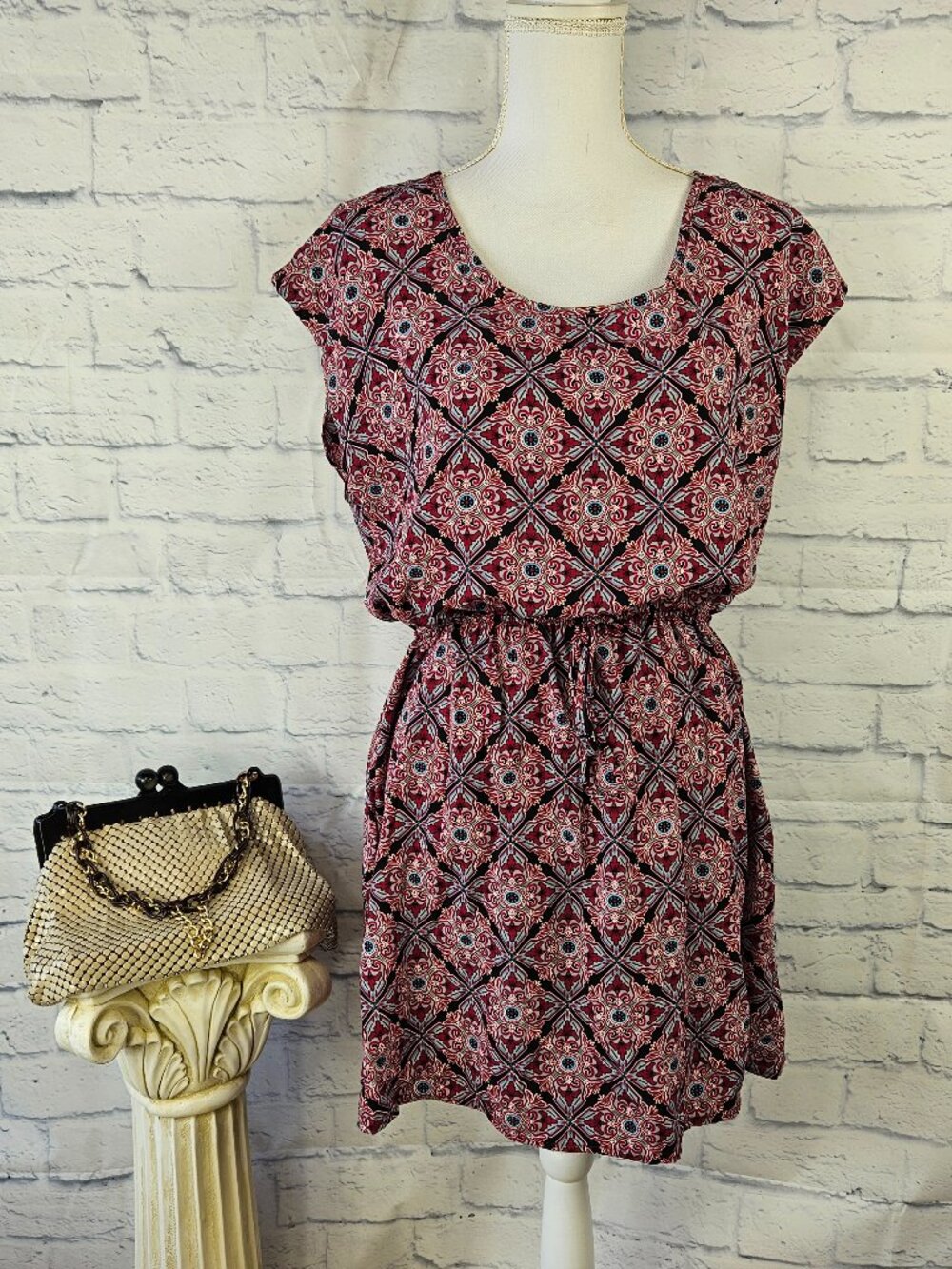Vintage Charlotte Russe Size XL Red Print Cap Sleeve Elastic Waist Dress Y2K USA